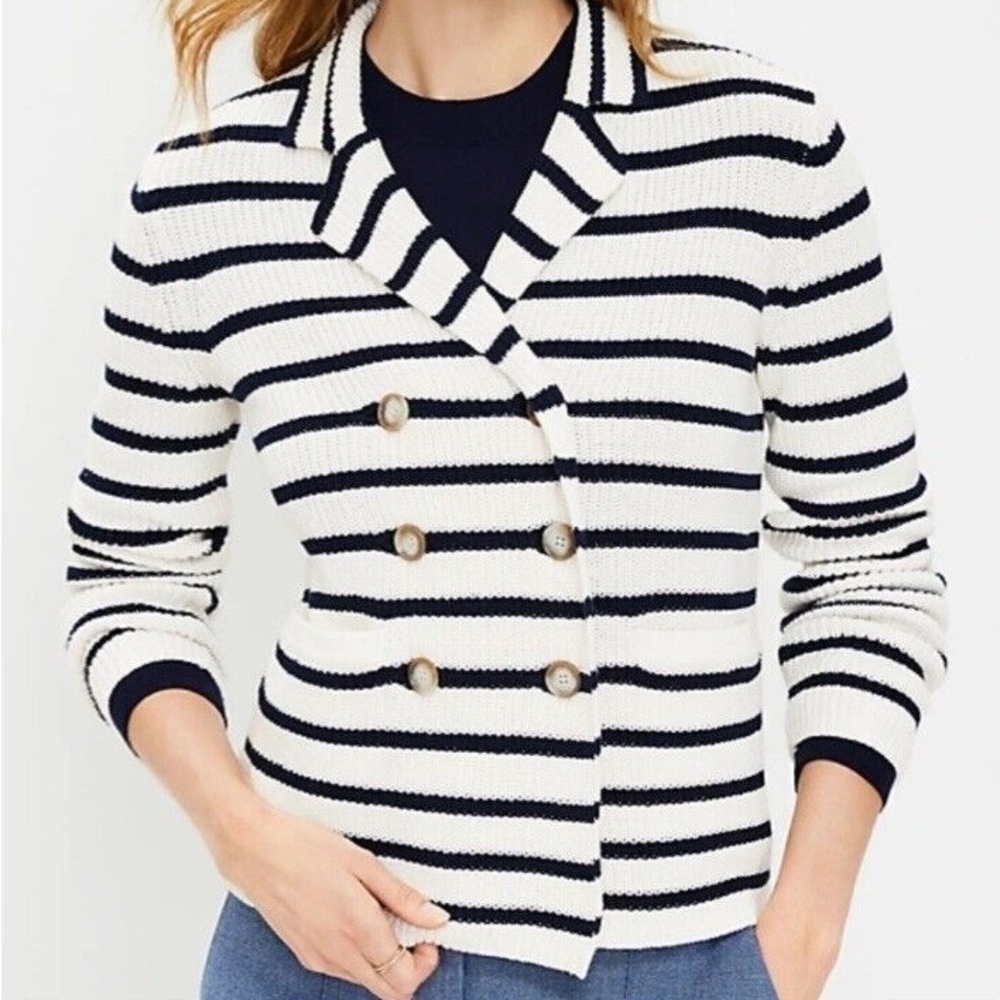 Loft Striped Navy Blue&Cream Cardigan Jacket Sweater Large Shacket Cozy Fallcore